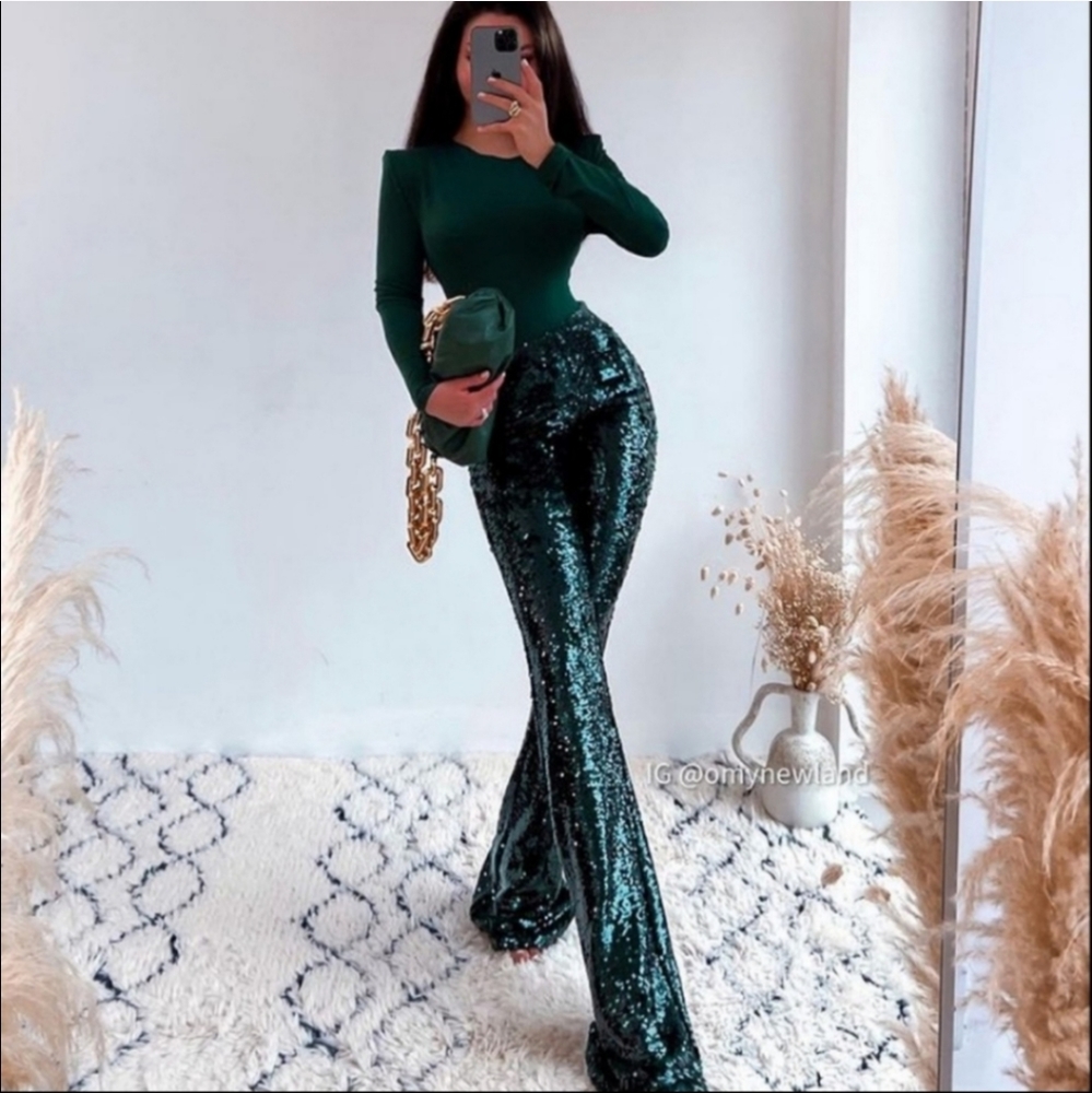 ZARA FLARED HIGH WAISTED GREEN SEQUIN PANTS SIZE M - Picture 3 of 16